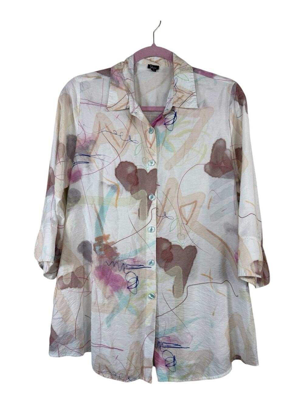 Shana White Abstract Print Button Down Blouse Womens S Lagenlook Artsy Shirt Top